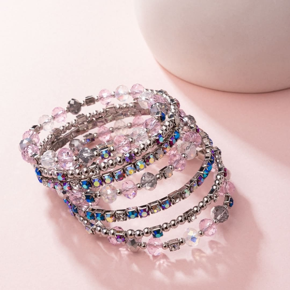 Paparazzi Elegant Silver, Pink Iridescent Beaded Bracelet Set